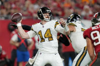 New Orleans Saints quarterback Andy Dalton (14) passes in the second half of an NFL football game against the Tampa Bay Buccaneers in Tampa, Fla., Monday, Dec. 5, 2022. (AP Photo/Chris O'Meara)
