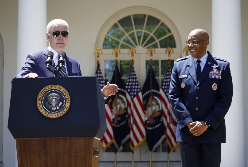 U.S. President Joe Biden announces his intent to nominate Gen. Charles Q. Brown, Jr. to serve as the next Chairman of the Joint Chiefs of Staff during an event in the Rose Garden of the White House May 25, 2023, in Washington, D.C. (Photo by Kevin Dietsch/Getty Images)