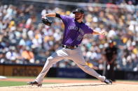 Colorado Rockies starting pitcher Austin Gomber delivers to a San Diego Padres' batter in the first inning of a baseball game Sunday, Aug. 1, 2021, in San Diego. (AP Photo/Derrick Tuskan)