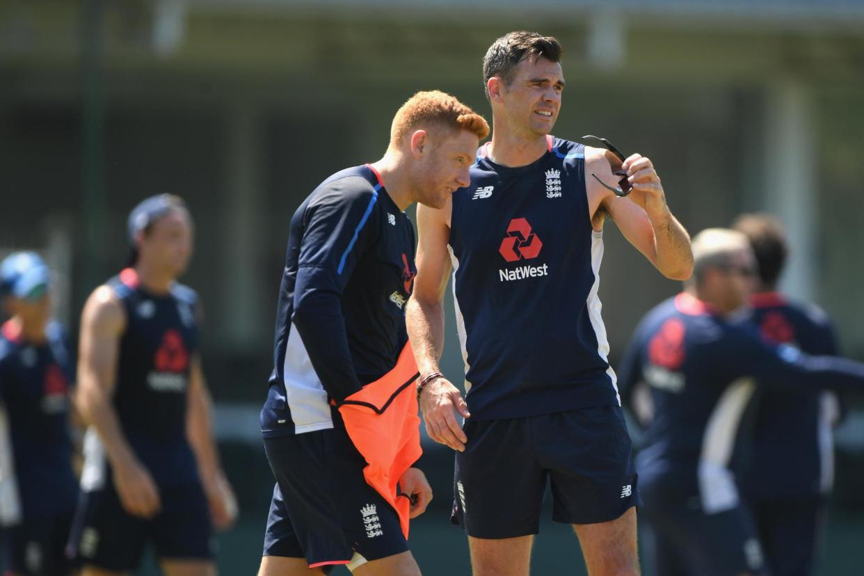 James Anderson (r) and Jonny Bairstow look on during England Nets: Getty Images