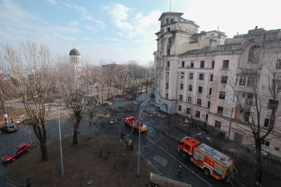 Rescuers and city utility workers remove the aftermath of a Russian missile attack on Kyiv, Ukraine, on March 21, 2024. (Vitalii Nosach/Global Images Ukraine via Getty Images)