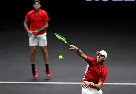 Tennis - Laver Cup - 2nd Day - Prague, Czech Republic - September 23, 2017 - Jack Sock and Sam Querrey of team World in action against Rafael Nadal and Roger Federer of team Europe. REUTERS/David W Cerny