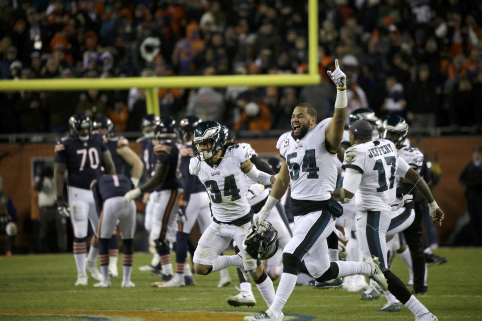 Philadelphia Eagles players celebrate after Chicago Bears kicker Cody Parkey misses a field goal in the final minute during the second half of an NFL wild-card playoff football game Sunday, Jan. 6, 2019, in Chicago. The Eagles won 16-15. (AP Photo/David Banks)