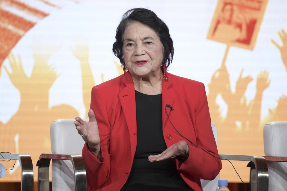 FILE - In this Jan. 16, 2018, file photo, Dolores Huerta participates in a panel discussion in Pasadena, Calif. Educators and civil rights leaders in California called on the State Board of Education Thursday, March 18, 2021, to approve the nation's first statewide model ethnic studies curriculum for high school students. Labor leader and civil rights activist Dolores Huerta joined the calls support, telling the school board they have a "huge responsibility" and opportunity to teach students not just about the country's history but about compassion and inclusiveness. (Photo by Richard Shotwell/Invision/AP, File)