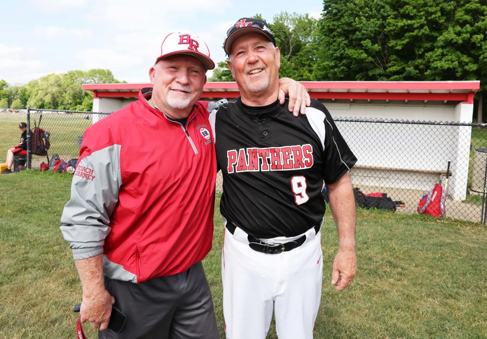 From left, Bridgewater-Raynham Regional High School retired baseball team coach John Kearney and  Whitman-Hanson Regional High School baseball coach Pat Cronin on Friday, May 27, 2022.