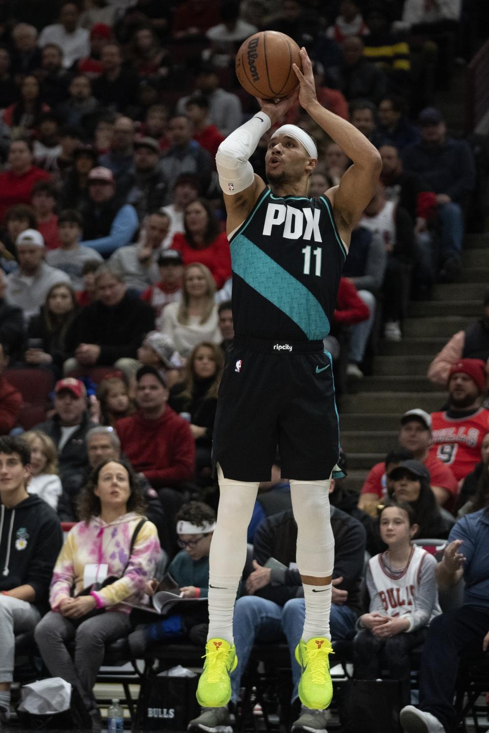 Portland Trail Blazers guard Josh Hart sinks a shot for two points during the first half of an NBA basketball game against the Chicago Bulls Saturday, Feb. 4, 2023, in Chicago. (AP Photo/Erin Hooley)