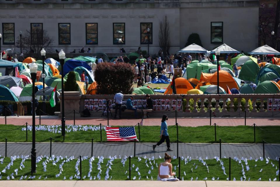 Tents set up on Columbia University’s campus for an anti-Israel protest on April 29, 2024. Photo by CHARLY TRIBALLEAU/AFP via Getty Images