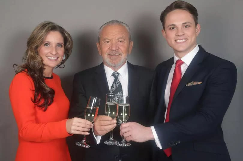 Lord Sugar (centre) with James White and Sarah Lynn, the joint winners of BBC One's The Apprentice 2017,