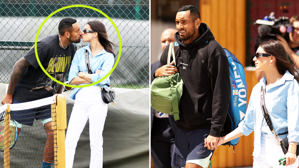 Nick Kyrgios and his girlfriend Costeen Hatzi kissing at Wimbledon.