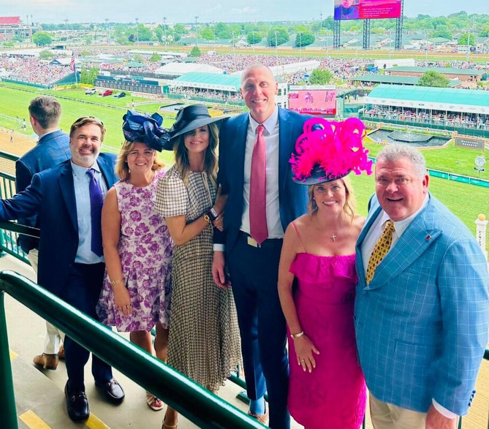 Mark Pope attends the 150th Kentucky Derby. “Grateful for friends and family and the Kentucky Derby!!!” he posted online.