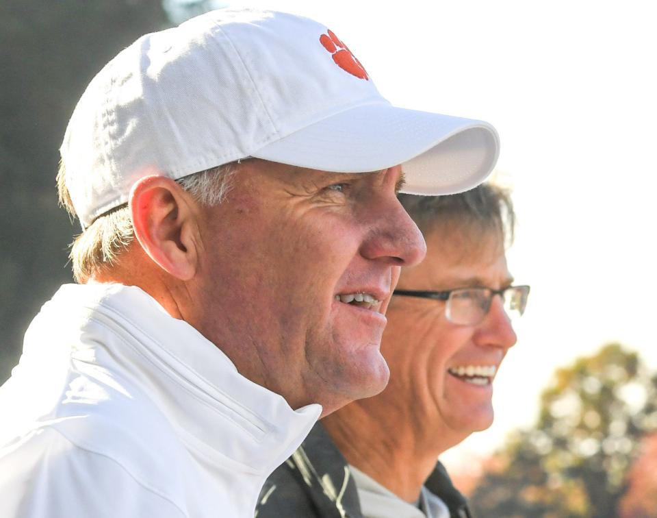 Clemson special assistant Chad Morris, left, stands before last year's 31-23 home win over Notre Dame. That day's commemorative game ball is the one memento Morris has on display in his new coaching office at Texas State. For now, anyway.