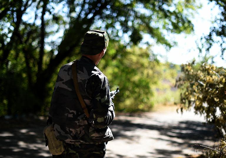 A Pro-Russian fighter stands on September 2, 2014 on a road to Donetsk airport