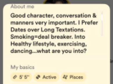 Tia submitted her Bumble profile to Insider's Dating App Clinic. She requested to blur her face for privacy.