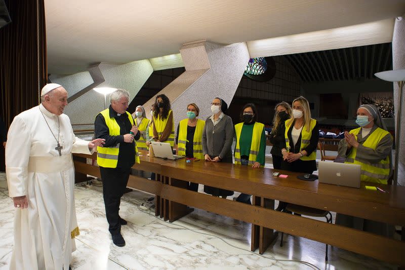 Pope Francis visits a vaccination centre at the Paul VI Hall