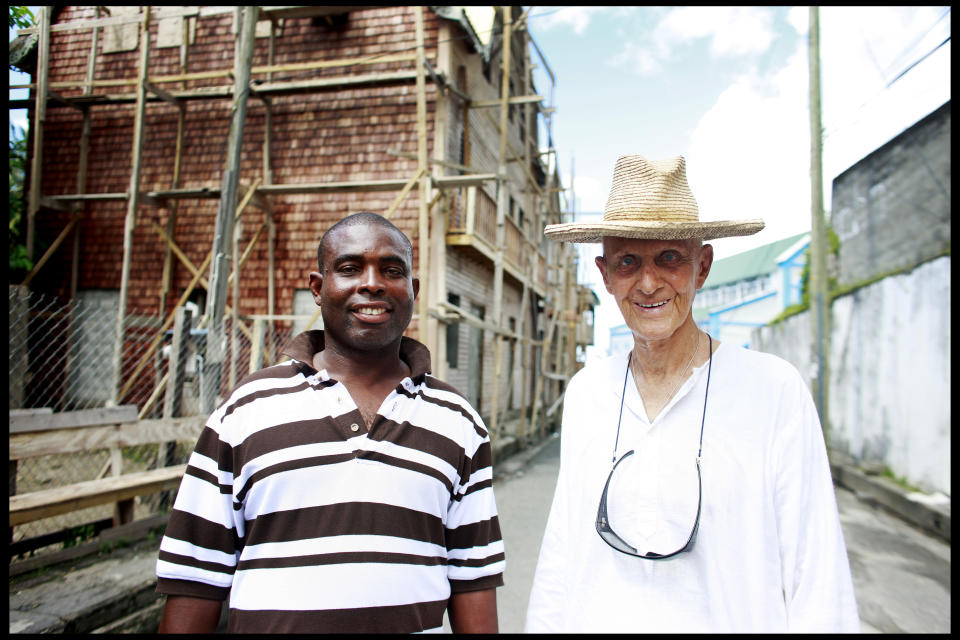 Colin Tennant (Lord Glenconnor), with his longtime help Kent Adonai, who's inherited Tennant's entire estate in his will. Photographed in Choiseul, St. Lucia. November 2009. | Location: choiseul, st.lucia.  (Photo by David Howells/Corbis via Getty Images)