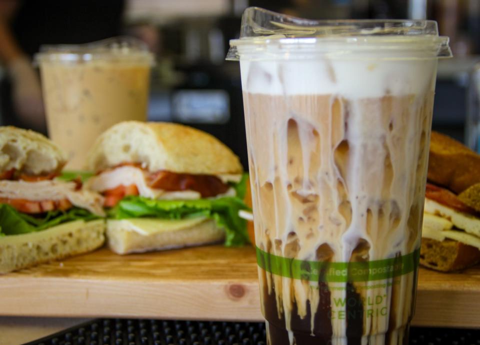 Cream drizzles through a pistachio nut cold brew coffee at Rea's on Wilbur Avenue in Swansea, along with local favorites the turkey and cheese BLT and Rea's OG iced coffee.