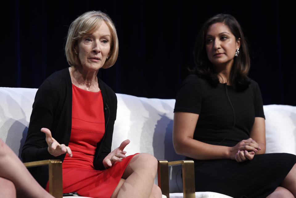 Judy Woodruff, left, anchor and managing editor of "PBS Newshour," takes part in a panel discussion with national correspondent Amna Nawaz during the 2018 Television Critics Association Summer Press Tour at the Beverly Hilton, Tuesday, July 31, 2018, in Beverly Hills, Calif. (Photo by Chris Pizzello/Invision/AP)