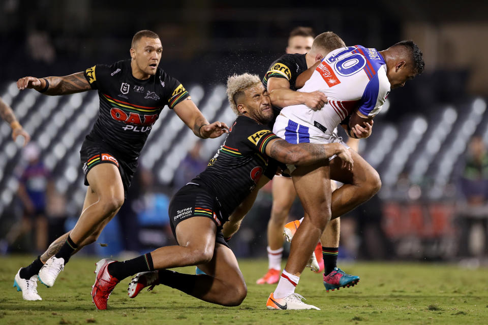 SYDNEY, AUSTRALIA - MAY 31: Daniel Saifiti of the Knights charges forward during the round three NRL match between the Penrith Panthers and the Newcastle Knights at Campbelltown Stadium on May 31, 2020 in Sydney, Australia. (Photo by Mark Kolbe/Getty Images)