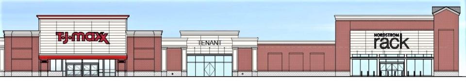 This rendering shows facade changes proposed for the west side of the Gateway Plaza main building, including T.J. Maxx, Nordstrom Rack and a future tenant.
