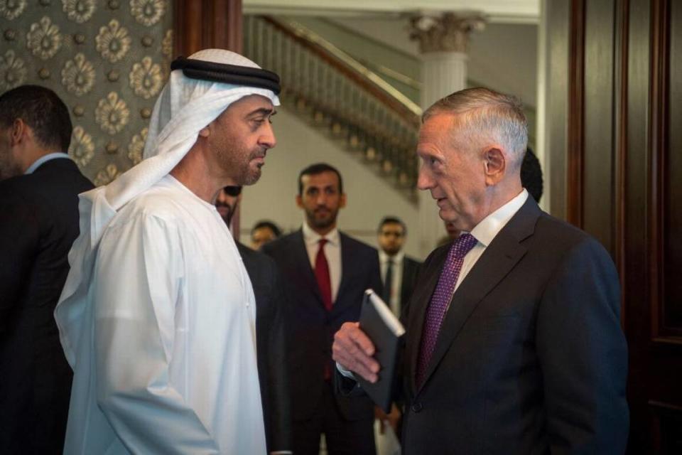 Mattis and Mohamed in 2017 in Washington. Many national security officials, including diplomats in charge of U.S. policy in the Middle East, said they did not know that Mattis was advising Mohamed on the war in Yemen. Tech. Sgt. Brigitte Brantley/Office of the Secretary of Defense Public Affairs