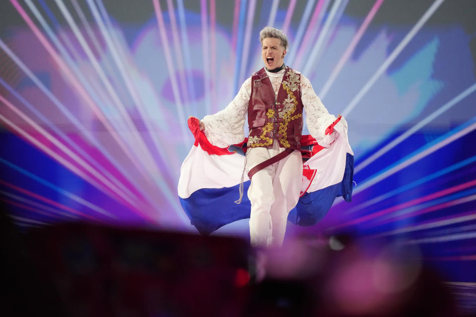 Baby Lasagna of Croatia poses during the flag parade, of the Grand Final of the Eurovision Song Contest in Malmo, Sweden, Saturday, May 11, 2024. (AP Photo/Martin Meissner)