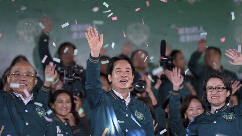 Taiwanese Vice President Lai Ching-te, also known as William Lai, left, celebrates his victory with running mate Bi-khim Hsiao in Taipei, Taiwan, on Saturday, Jan. 13, 2024.