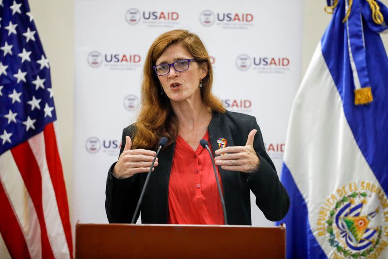 Samanta Power, administrator of the United States Agency for International Development, delivers a speech in San Salvador, El Salvador