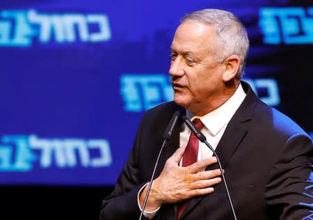 Blue and White party leader Benny Gantz speaks at the party's headquarters following the announcement of exit polls during Israel's parliamentary election in Tel Aviv