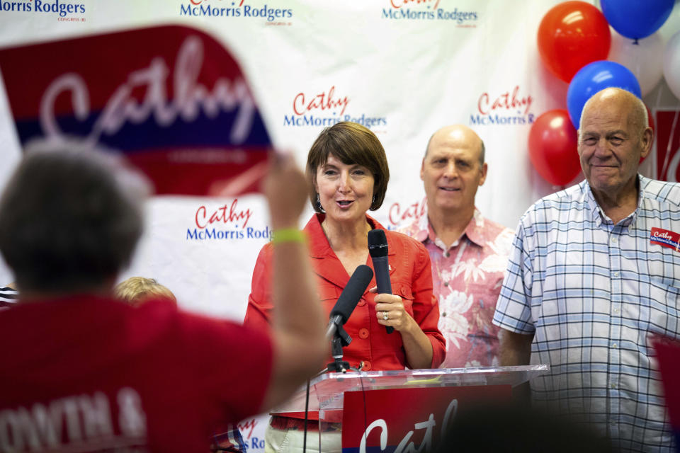 Cathy McMorris Rodgers prepares to give a speech after receiving the news that she took the edge over Lisa Brown for Fifth House District in the Washington state primary election during the Spokane County Republican Party's election night party, Tuesday, Aug. 7, 2018, in Spokane, Wash. (Libby Kamrowski/The Spokesman-Review via AP)