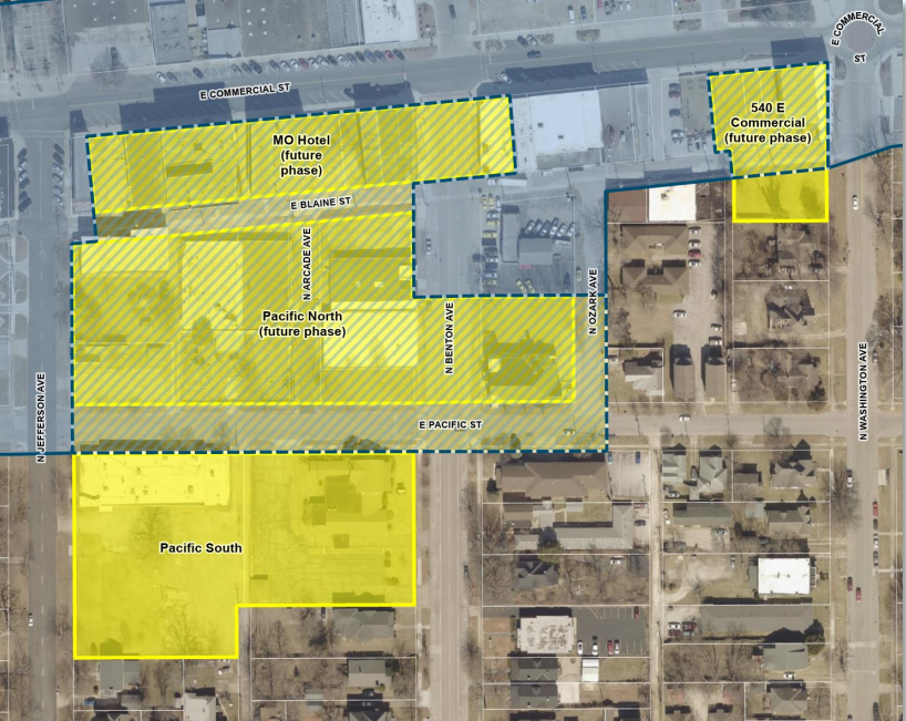A map of the redevelopment project on and near Historic Commercial Street. Owned by developer Titus Williams with Prosperiti Partners, the properties in yellow are looking to take advantage of a property tax abatement for redevelopment.