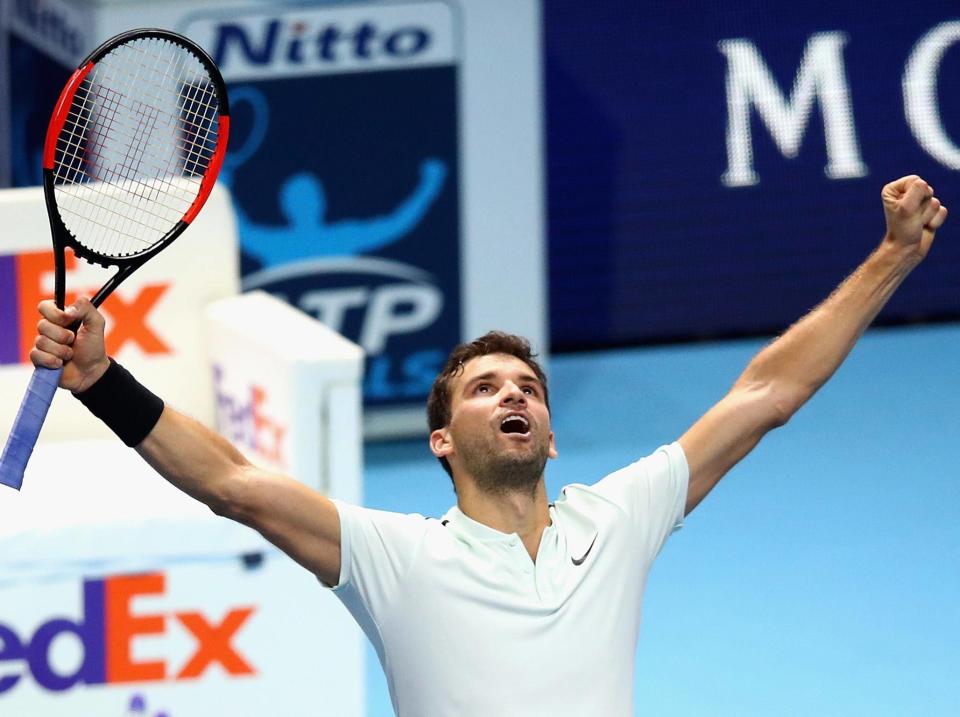 Grigor Dimitrov celebrates his crushing victory over David Goffin: Getty Images