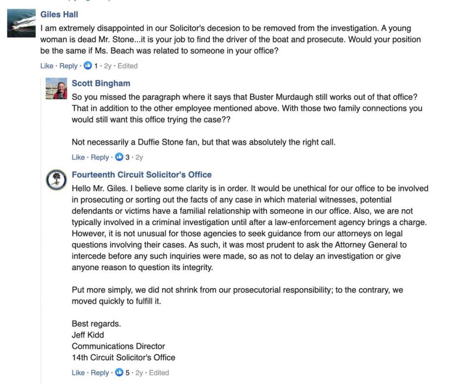 Comments on a 2019 article by The Island Packet and Beaufort Gazette shows the 14th Judicial Circuit Solicitor’s Office defending its decision to step away from the 2019 boat crash investigation.