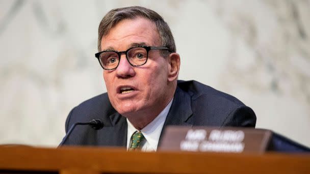 PHOTO: Chairman Mark Warner speaks during a Senate Intelligence Committee hearing to examine worldwide threats at the U.S. Capitol in Washington, D.C., on March 8, 2023. (Amanda Andrade-Rhoades/AP)