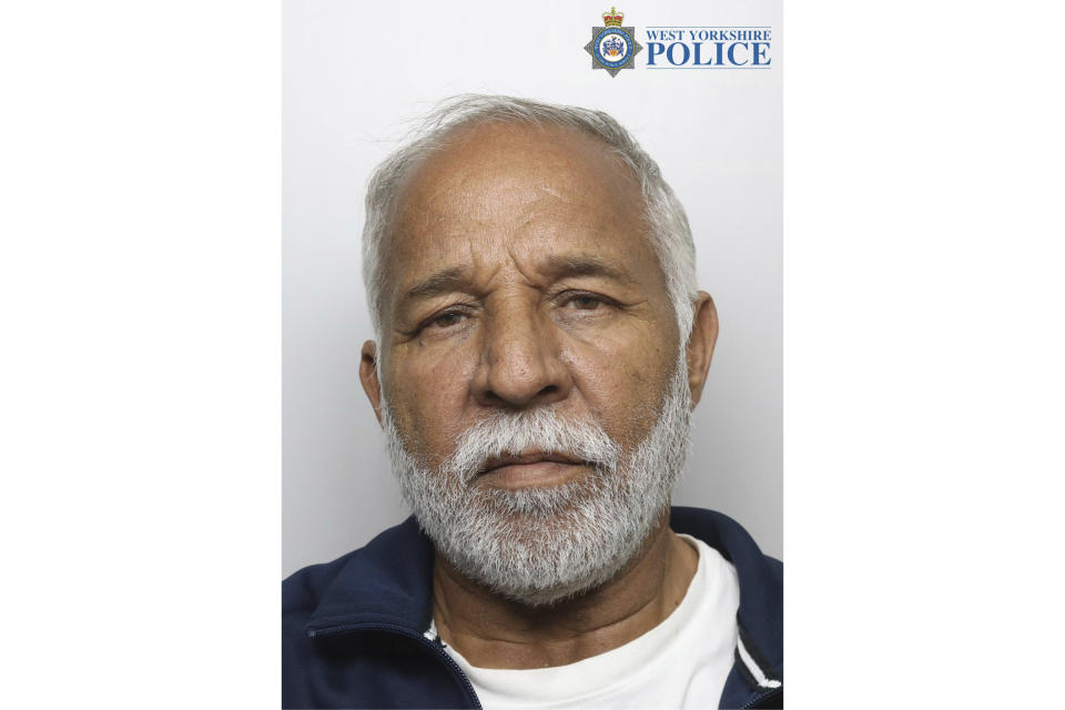 This undated photo issued by West Yorkshire Police on Friday May 10, 2024 shows Piran Ditta Khan who will be sentenced at Leeds Crown Court. Piran Ditta Khan, a 75-year-old will spend the rest of his life in prison after being sentenced Friday May 10, 2024 for the murder of a British police officer who was shot dead during an armed robbery of a travel agency in northern England nearly two decades ago. (West Yorkshire Police via AP)