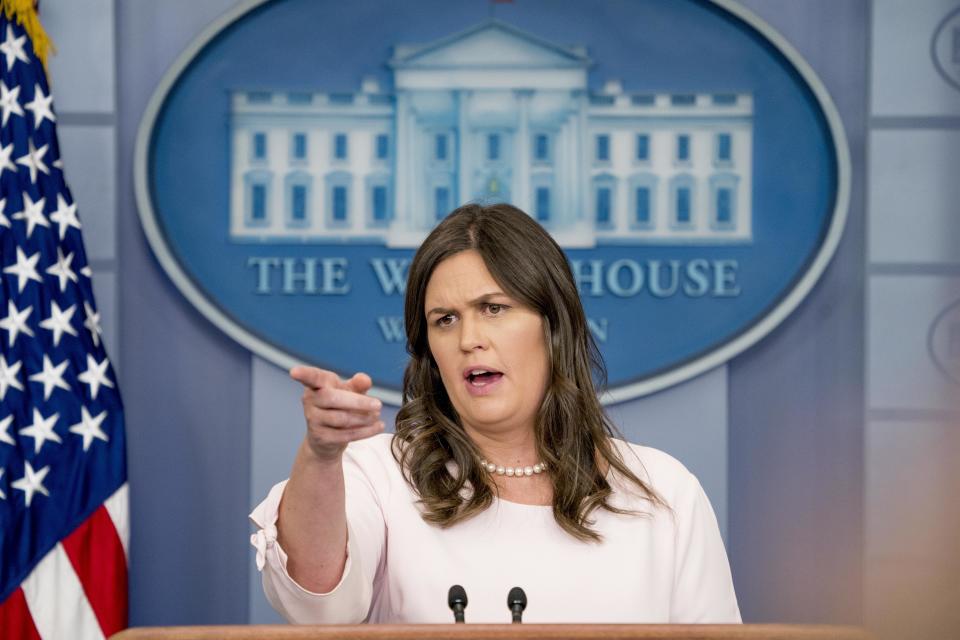 Sarah Sanders speaks during a press briefing at the White House on Monday. (Photo: Andrew Harnik/AP)