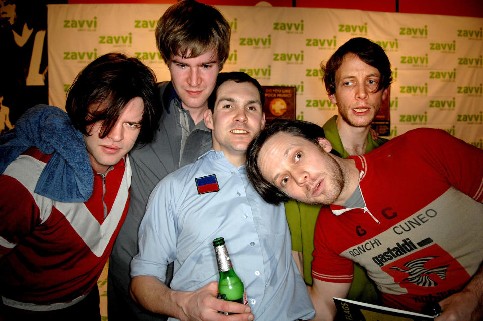 MANCHESTER, UNITED KINGDOM - JANUARY 07:  Phil Sumner, Scott Wilkinson a.k.a. Yan, Martin Noble a.k.a. Noble, Neil Wilkinson a.k.a. Hamilton and Matthew Wood a.k.a. Wood of British Sea Power signing at Zavvi on January 7, 2008 in Manchester, England.  (Photo by Shirlaine Forrest/WireImage)
