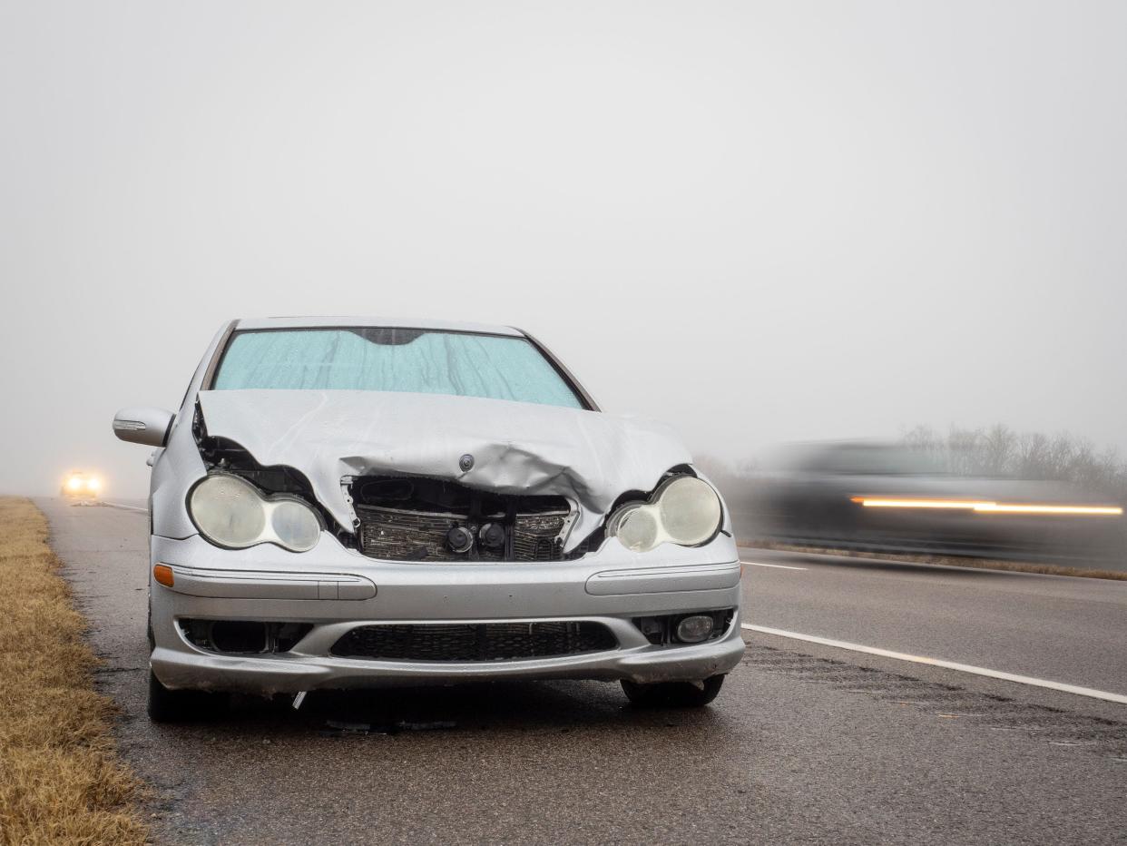 Wildlife and vehicle collisions are frequent and costly. A deer crossing in wet foggy weather impacts a car on highway 51 west of Stillwater.According to the National Highway Traffic Safety Administration, there are about 1 million car accidents with deer each year that kill 200 Americans, cause more than 10,000 personal injuries, and result in $1 billion in vehicle damage.