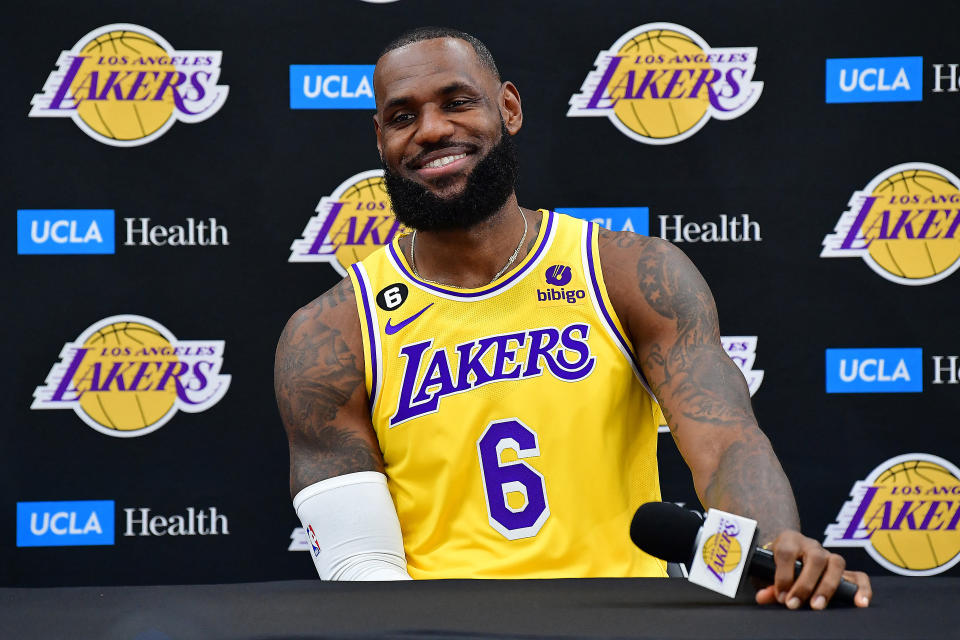 Sep 26, 2022; El Segundo, CA, USA; Los Angeles Lakers forward LeBron James (6) speaks during Lakers Media Day at UCLA Health Training Center. Mandatory Credit: Gary A. Vasquez-USA TODAY Sports