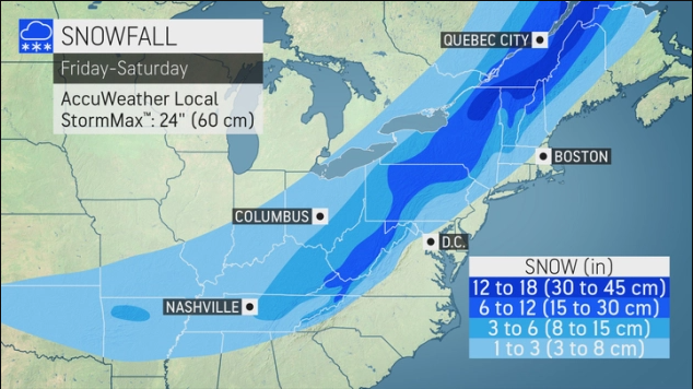 Estimated snow totals for the storm from March 11 to March 12.