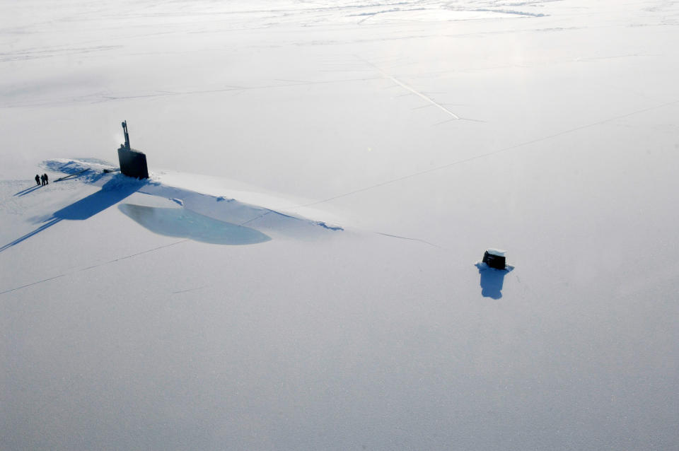 ARCTIC OCEAN  - MARCH 21:  In this handout image provided by the U.S. Navy, The Los Angeles-class submarine USS Annapolis (SSN 760) rests on the Arctic Ocean after breaking through three feet of ice during Ice Exercise (ICEX) 2009 March 21, 2009 in The Arctic Ocean. The U.S. Navy teamed with the University of Washington Applied Physics Laboratory to train in the arctic environment.  (Photo by Tiffini M. Jones/U.S. Navy via Getty Images)