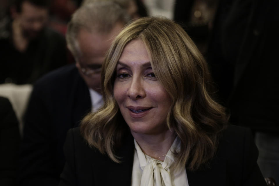 Carole Ghosn, wife of Nissan's former chairman Carlos Ghosn, attends her husband's press conference in Beirut, Lebanon, Wednesday, Jan. 8, 2020. (AP Photo/Maya Alleruzzo)