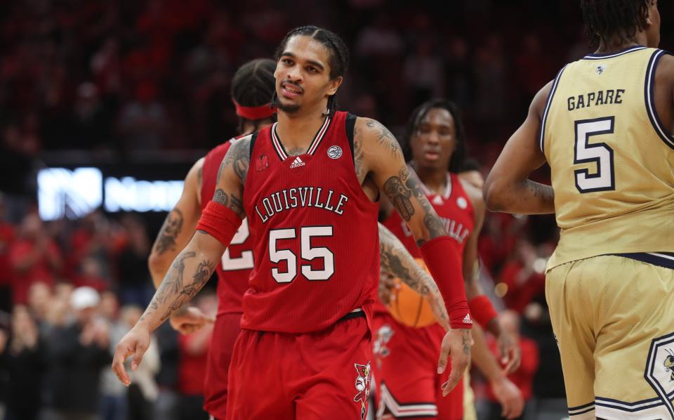 Louisville’s Skyy Clark after the game against Georgia Tech Saturday night in the KFC Yum Center.
Feb. 10, 2024