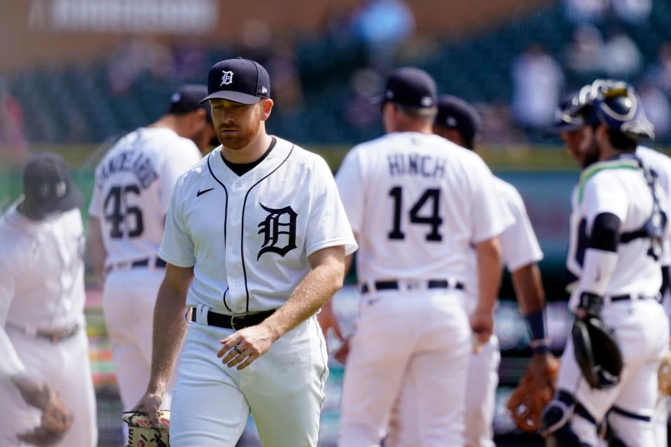 Detroit Tigers starting pitcher Spencer Turnbull is relieved during the seventh inning of a baseball game against the Kansas City Royals, Thursday, May 13, 2021, in Detroit.