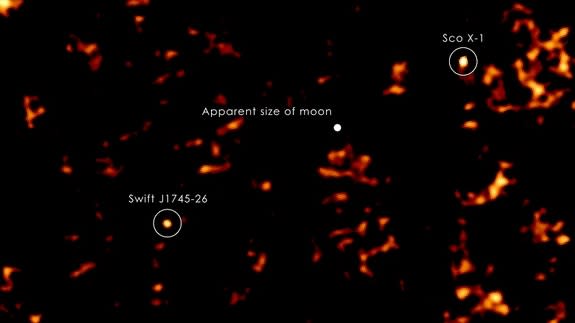 Swift J1745-26 with labels and scale of moon as it would appear in the field of view from Earth. This image is from September 18, 2012 when the source peaked in hard X-rays.