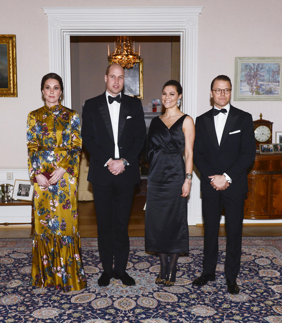 Catherine, Duchess of Cambridge, and Prince William with Crown Princess Victoria of Sweden and Prince Daniel of Sweden as they attend a reception dinner Jan. 30 at the British ambassador's residence in Stockholm during their royal visit to Sweden and Norway.