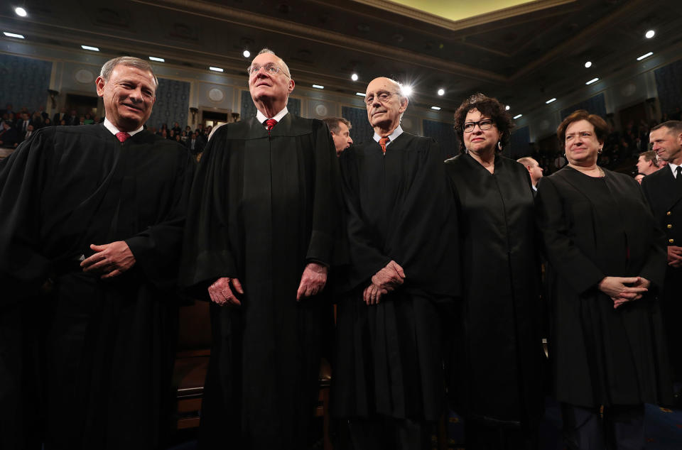 <p>Chief Justice John Roberts, from left, (L) and Supreme Court Justices Anthony Kennedy, Stephen Breyer, Sonia Sotomayor and Elena Kagan arrive for President Donald Trump’s first address to a joint session of Congress from the floor of the House of Representatives in Washington, Tuesday, feb. 28, 2017. (Jim Lo Scalzo/Pool Photo via AP) </p>