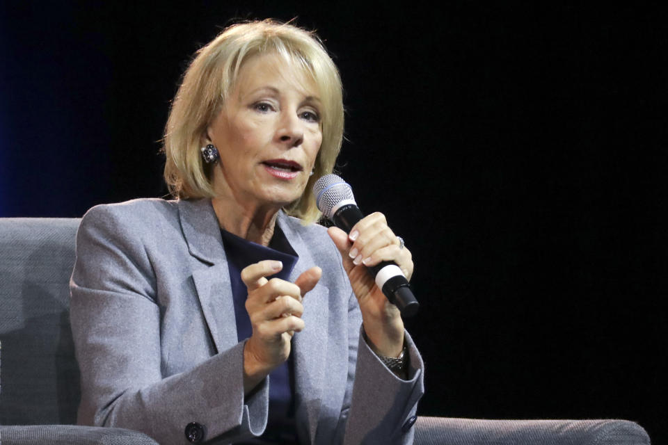 Education Secretary Betsy DeVos speaks at the National Religious Broadcasters Convention Wednesday, Feb. 26, 2020, in Nashville, Tenn. (AP Photo/Mark Humphrey)