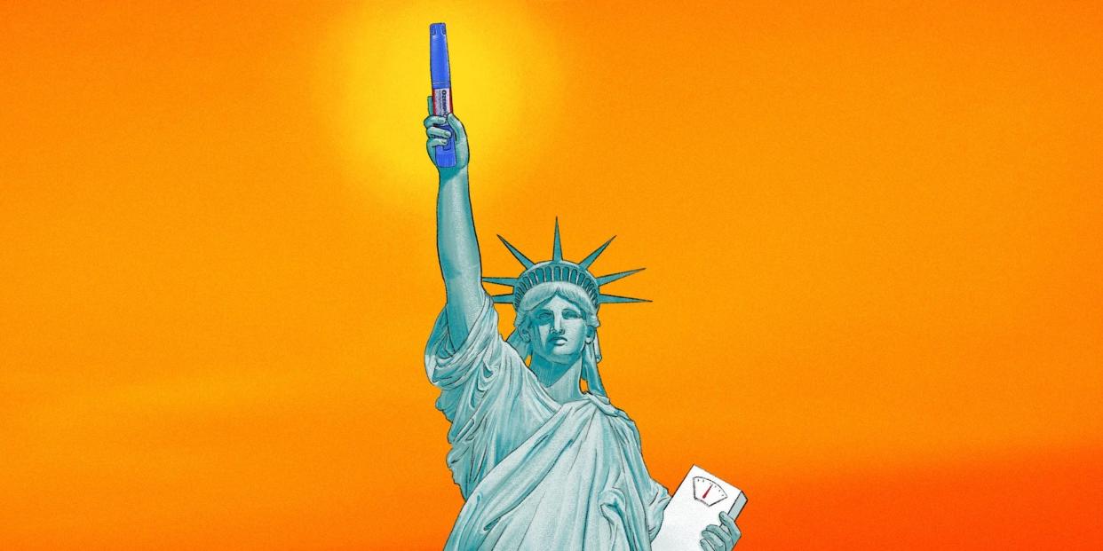 illustration of the statue of liberty holding up an Ozempic shot in one hand and clutching a weight scale in the other