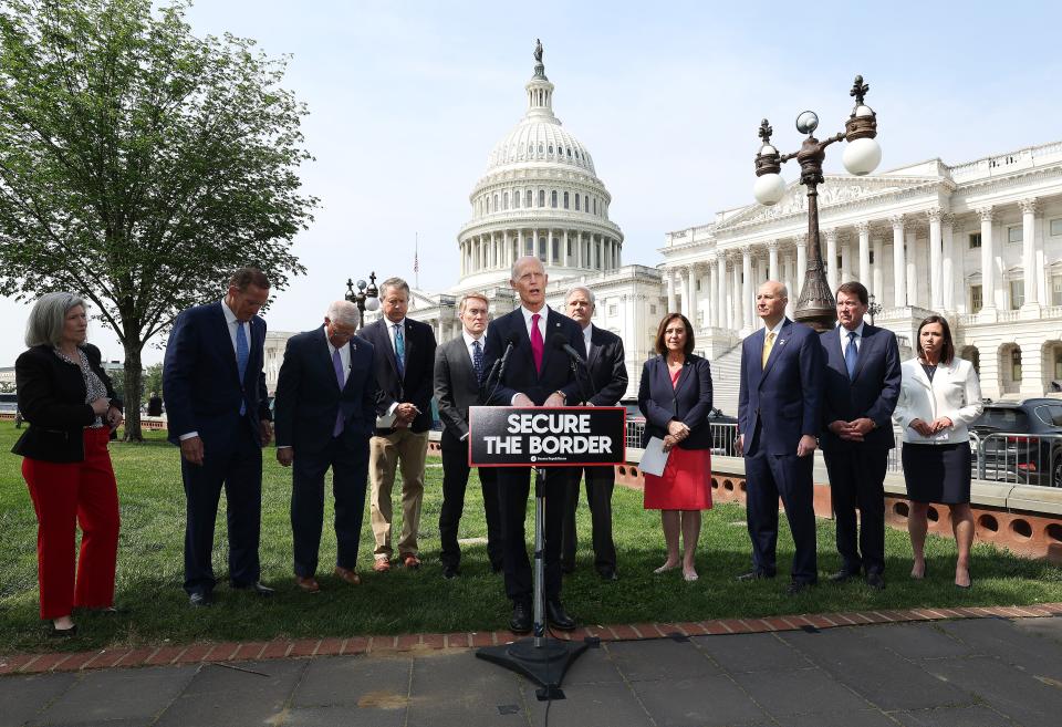 Sen. Rick Scott (R-FL) speaks on border security and Title 42 during a press conference at the U.S. Capitol on May 11, 2023 in Washington, DC.