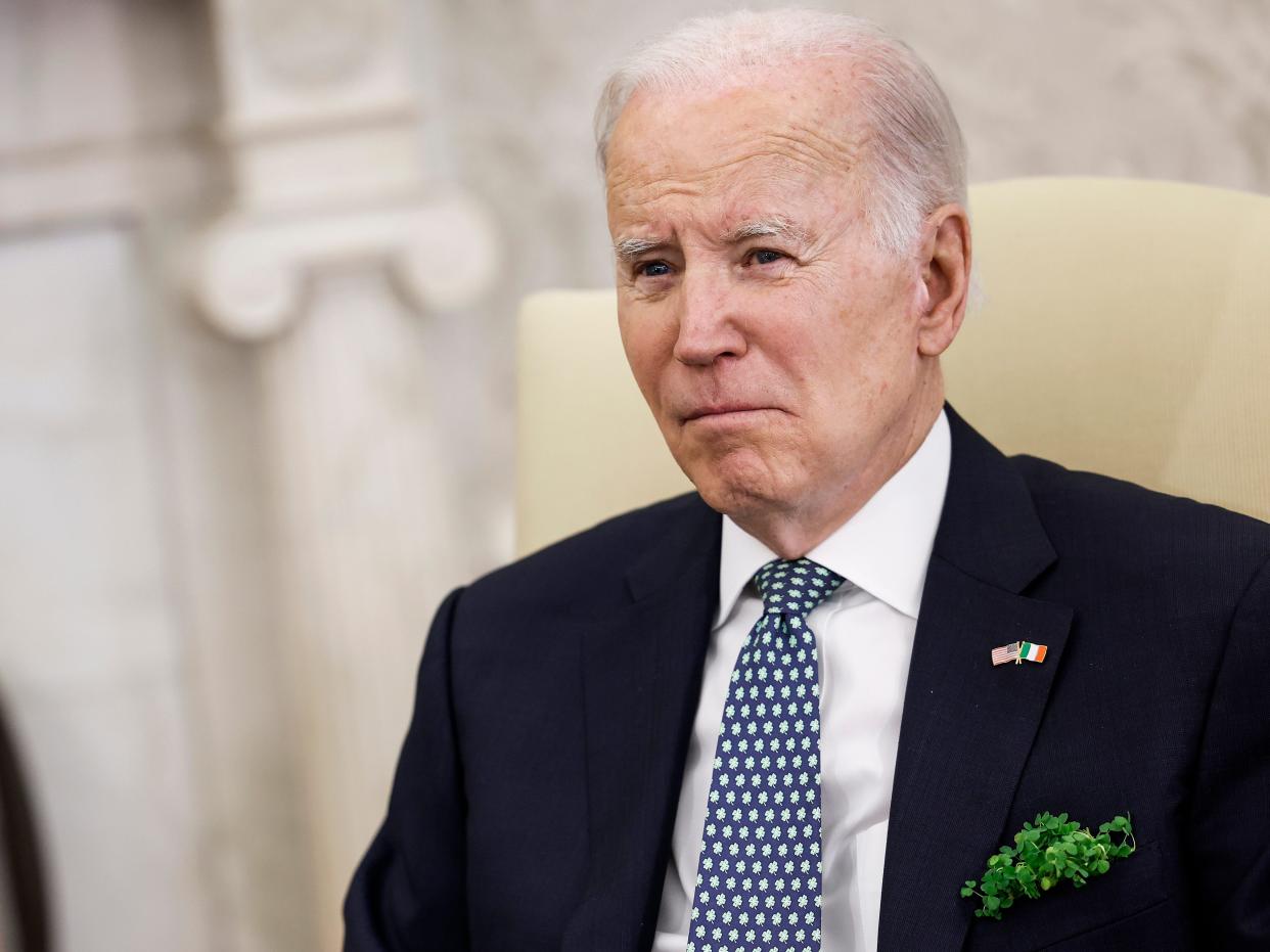 Joe Biden speaks to journalists before a meeting with Irish Taoiseach Leo Varadkar in the Oval Office of the White House on March 17, 2023